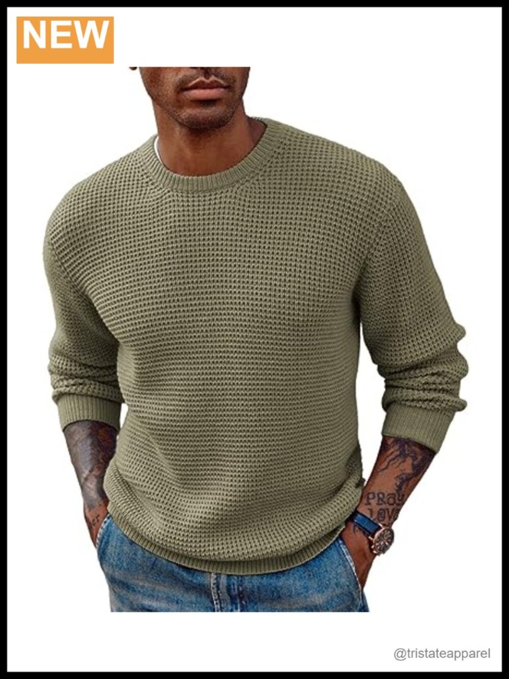 Mens Waffle Textured Long Sleeve Pullover Sweater Crew Neck Knitted